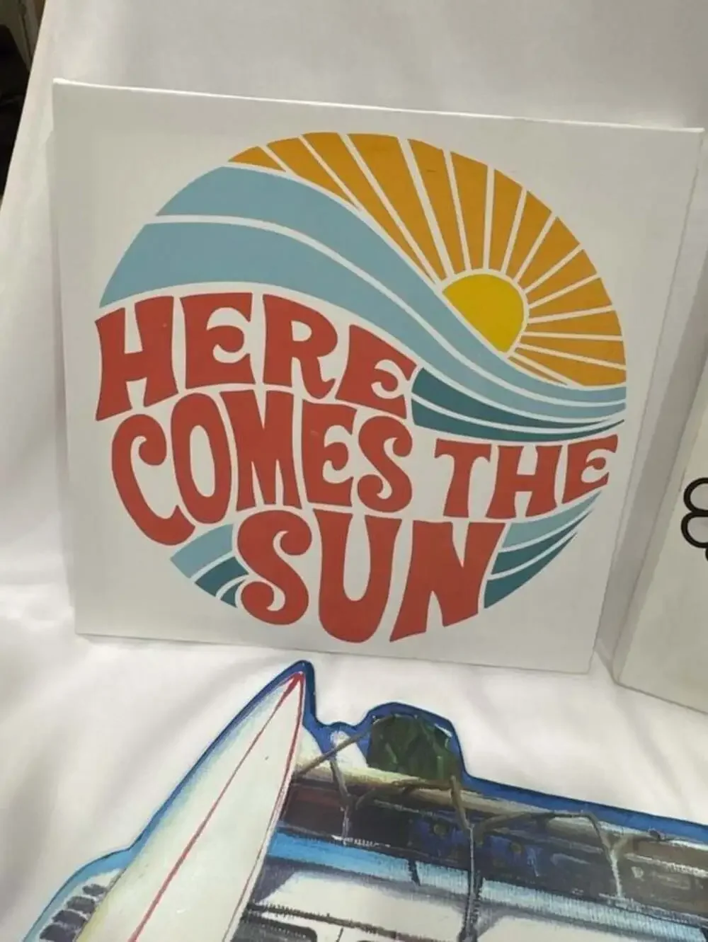 Hippie Decor Set-VW Bus Metal Sign, Here Comes the Sun & Stay Groovy Canvas Art